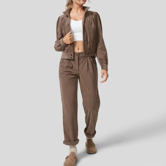 Halara Mid Rise Corduroy Casual Pants Sz Medium Beige Pleated Button Zipper Side - Picture 2 of 11